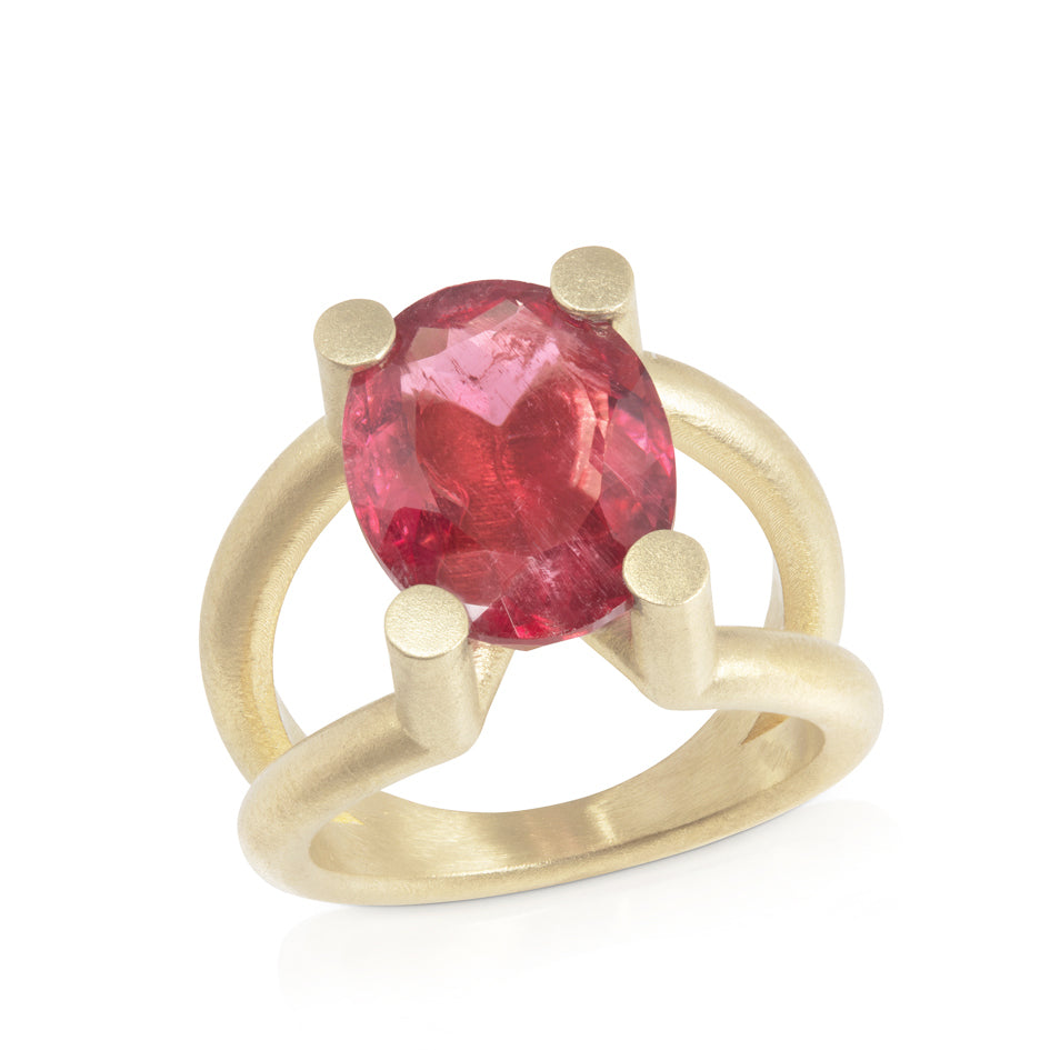 Scaffold ring in 18ct gold with oval rubellite tourmaline by Sarah Herriot.