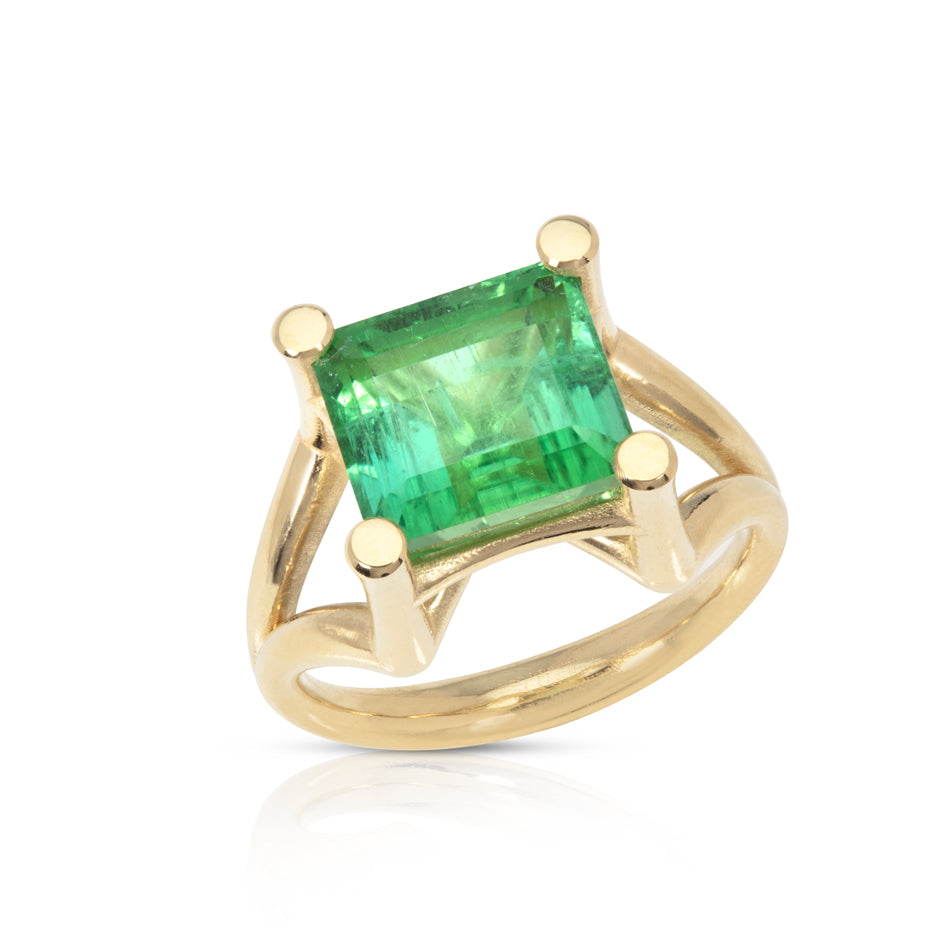 Scaffold ring in 18ct gold using unusual bold and open yet strong setting which allows the stunning mint and turquoise tourmaline to shine in all its glory.  Scaffold ring by Sarah Herriot.