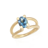 Scaffold ring in 18ct gold using unusual bold and open yet strong setting which allows the rich blue aquamarine to shine in all its glory.Scaffold ring by Sarah Herriot.