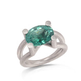 Scaffold ring in platinum with oval mint tourmaline by Sarah Herriot.