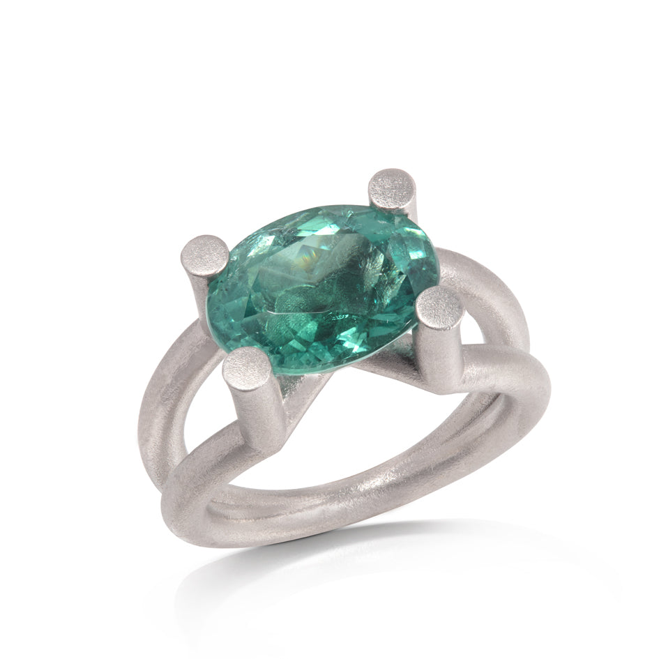 Scaffold ring in platinum with oval mint tourmaline by Sarah Herriot.