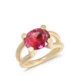 Scaffold ring in 18ct gold using unusual bold and open yet strong setting which allows the stunning rubellite tourmaline to shine in all its glory. Scaffold ring by Sarah Herriot.