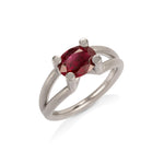 Scaffold ring in platinum with oval rubellite tourmaline by Sarah Herriot.