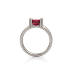 Scaffold ring in platinum with oval rubellite tourmaline by Sarah Herriot.