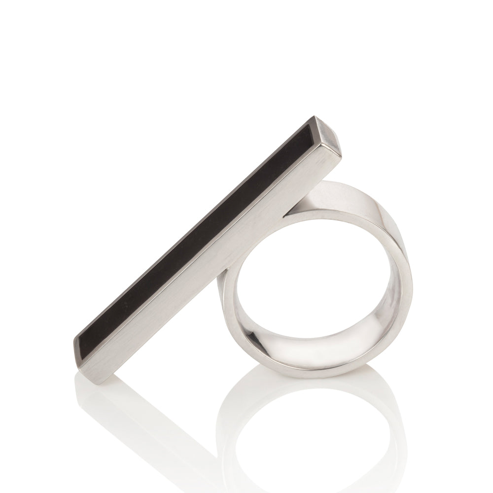 Silver bar ring inset with very dark green wyoming jade by Sarah Herriot.