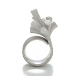 Splash ring in silver with sandblasted surfaces and rhodium plating by Sarah Herriot.