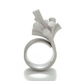 Splash ring in silver with sandblasted surfaces and rhodium plating by Sarah Herriot.