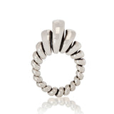 Silver ring made from single looping thread, a modern take on an eternity ring.  Acrobat ring by Sarah Herriot.