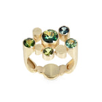 Staffa ring formed of undulating columns of 18ct gold set with five landscape and sea coloured Australian sapphires.  Staffa ring by Sarah Herriot.