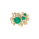 Staffa ring formed of undulating columns of 18ct gold and three gorgeous emeralds nestled within.  Staffa ring by Sarah Herriot.