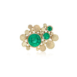 Staffa ring formed of undulating columns of 18ct gold and three gorgeous emeralds nestled within.  Staffa ring by Sarah Herriot.