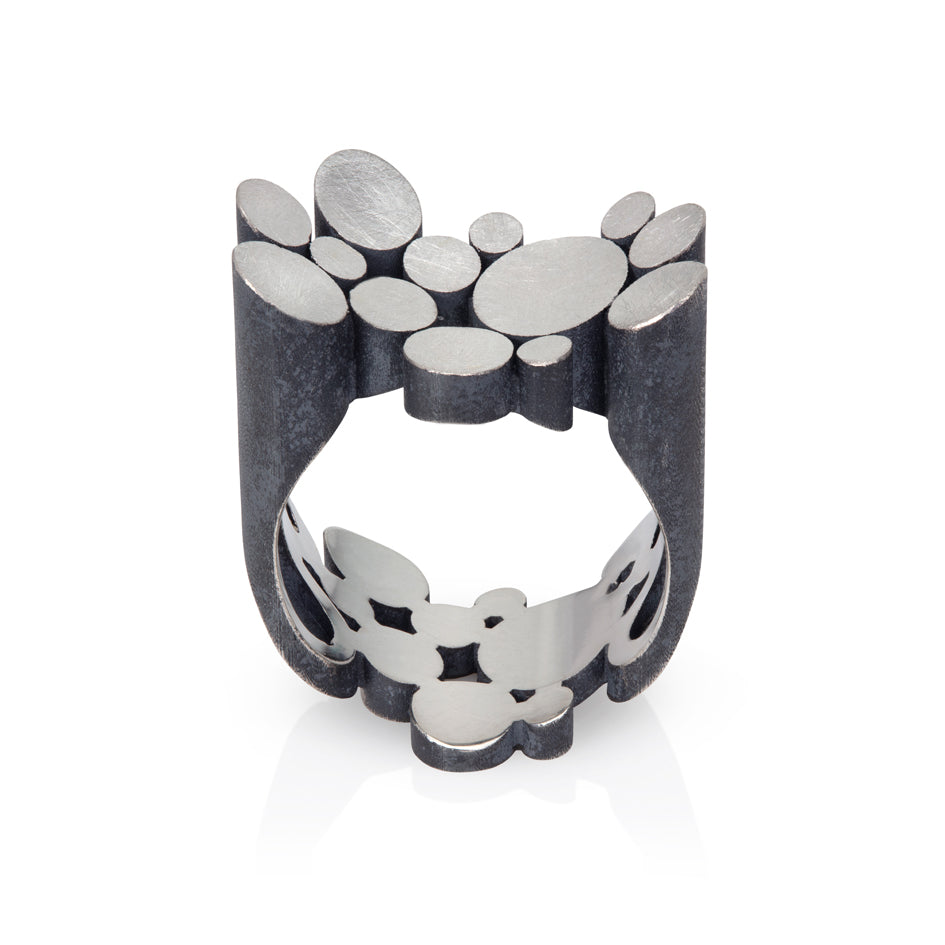 Staffa ring in silver with oxidised and textured exterior by Sarah Herriot.