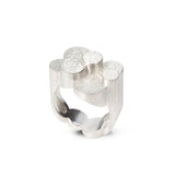 Magnificent staffa ring formed of columns of sterling silver with a raw textured surface. The design is inspired by fingal's cave on the isle of staffa off the west coast of Scotland. Textured surfaces echo the natural basalt rock formations. Staffa ring by Sarah Herriot.