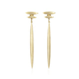 Mirage long drop earrings, a flicker stud with an elegant long drop of light in 18ct gold. Mirage long drop earrings by Sarah Herriot.