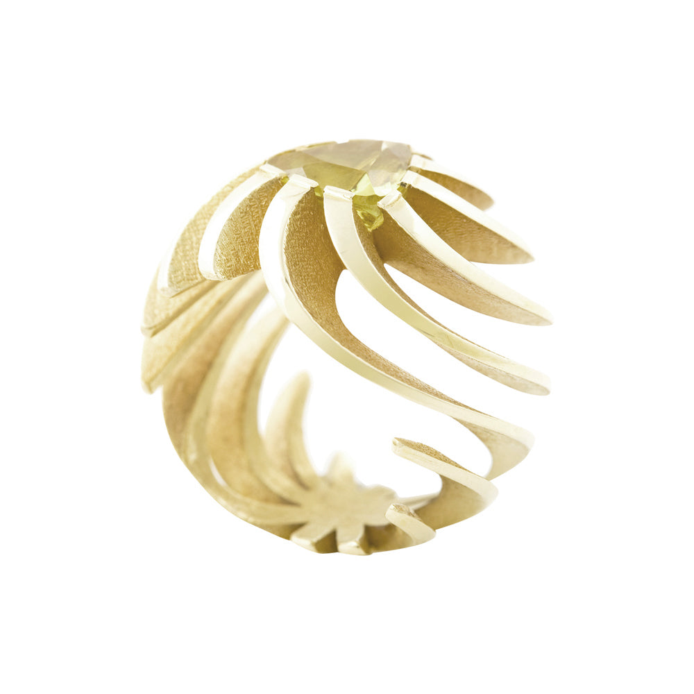 Sun ring in 18ct gold with clients own trillion beryl by Sarah Herriot.