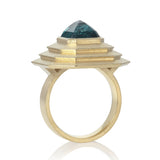 18ct gold vessel ring with emerald cut teal tourmaline by Sarah Herriot.