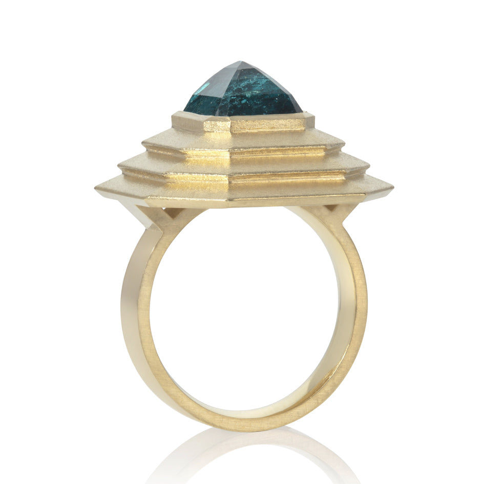 18ct gold vessel ring with emerald cut teal tourmaline by Sarah Herriot.