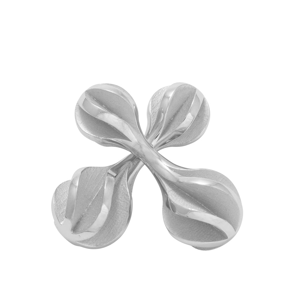 Twist cufflinks are a wonderfully architectural bar design, formed of twisted sheets of silver with textured recesses to accentuate the form, rhodium plate gives a stunning dove grey colour. A refined choice for those who appreciate understated sophistication and exceptional craftsmanship. Twist cufflinks by Sarah Herriot.