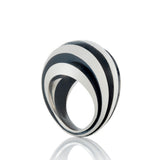 Object ring #1 is a free form sculptural ring design with looping tapered bands accentuated by oxidised recesses.  An abstract form with linear deconstruction. Object ring #1 by Sarah Herriot.