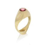 18ct gold vessel ring with round pink spinel by Sarah Herriot.