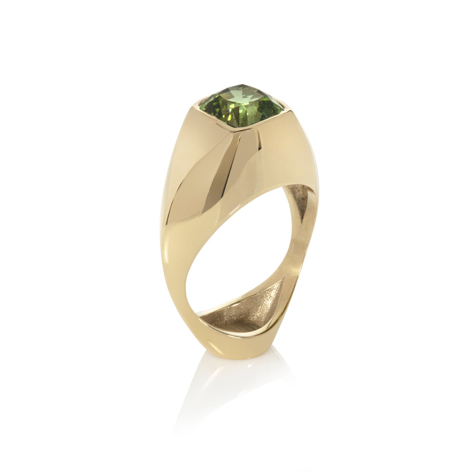 18ct gold vessel ring with cushion green tourmaline by Sarah Herriot.